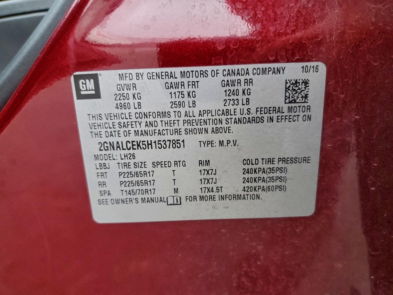 Lot #3303861785 2017 CHEVROLET EQUINOX LT