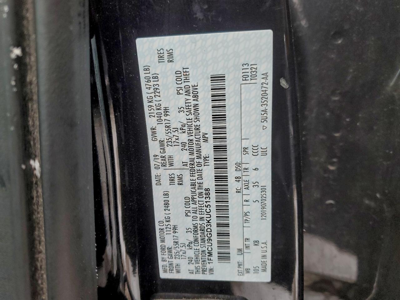 Lot #3304607462 2019 FORD ESCAPE SE