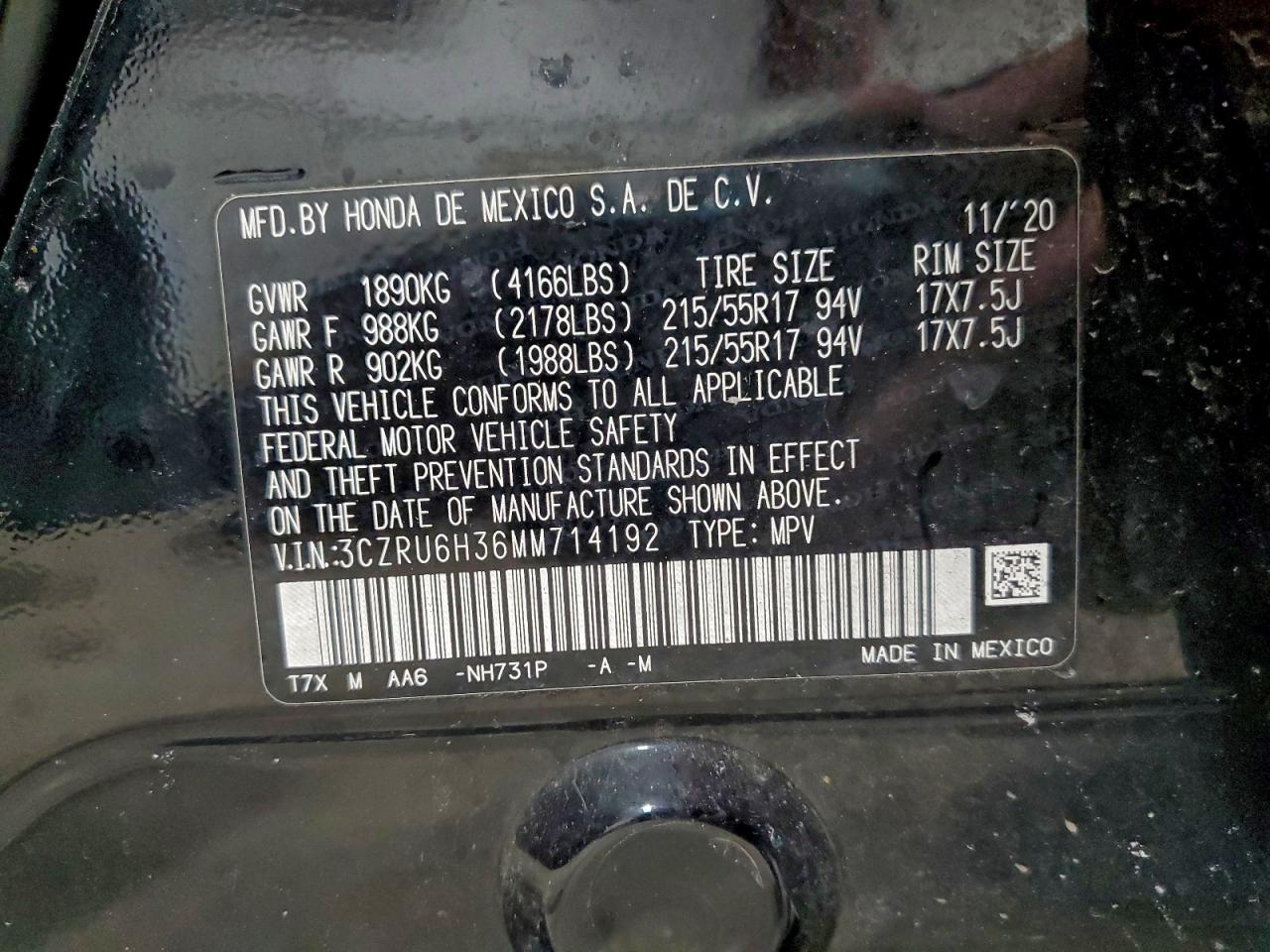 Lot #3317760101 2021 HONDA HR-V LX