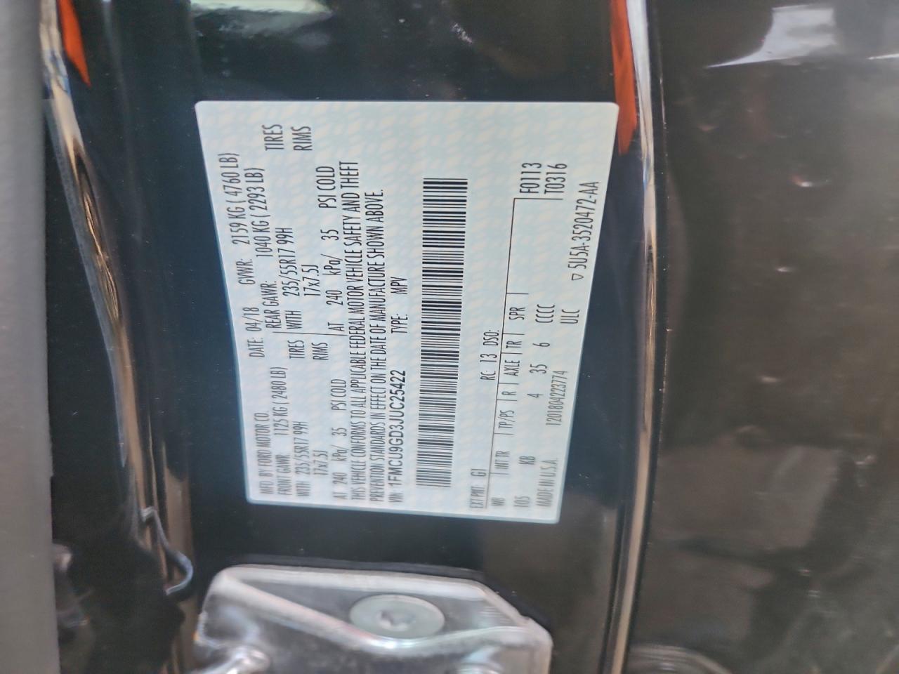 Lot #3310318053 2018 FORD ESCAPE SE