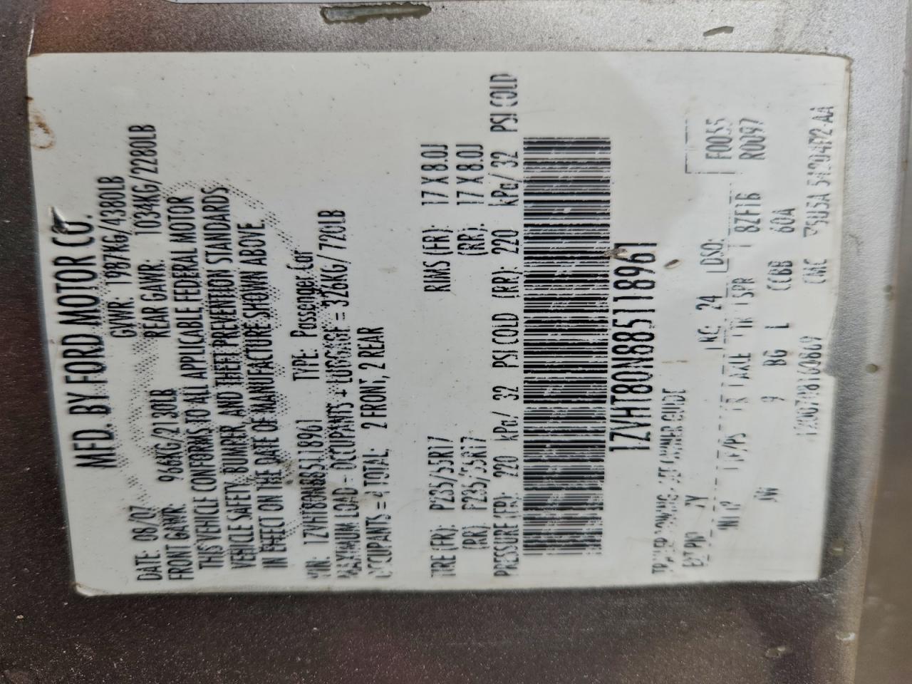 Lot #3304602471 2008 FORD MUSTANG