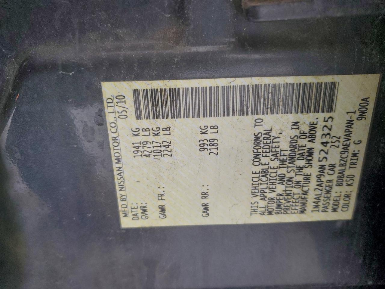 Lot #3304602504 2010 NISSAN ALTIMA S