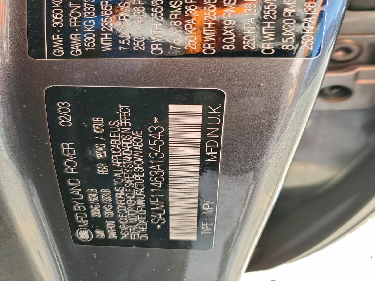 Lot #3312779098 2003 LAND ROVER RANGE ROVE