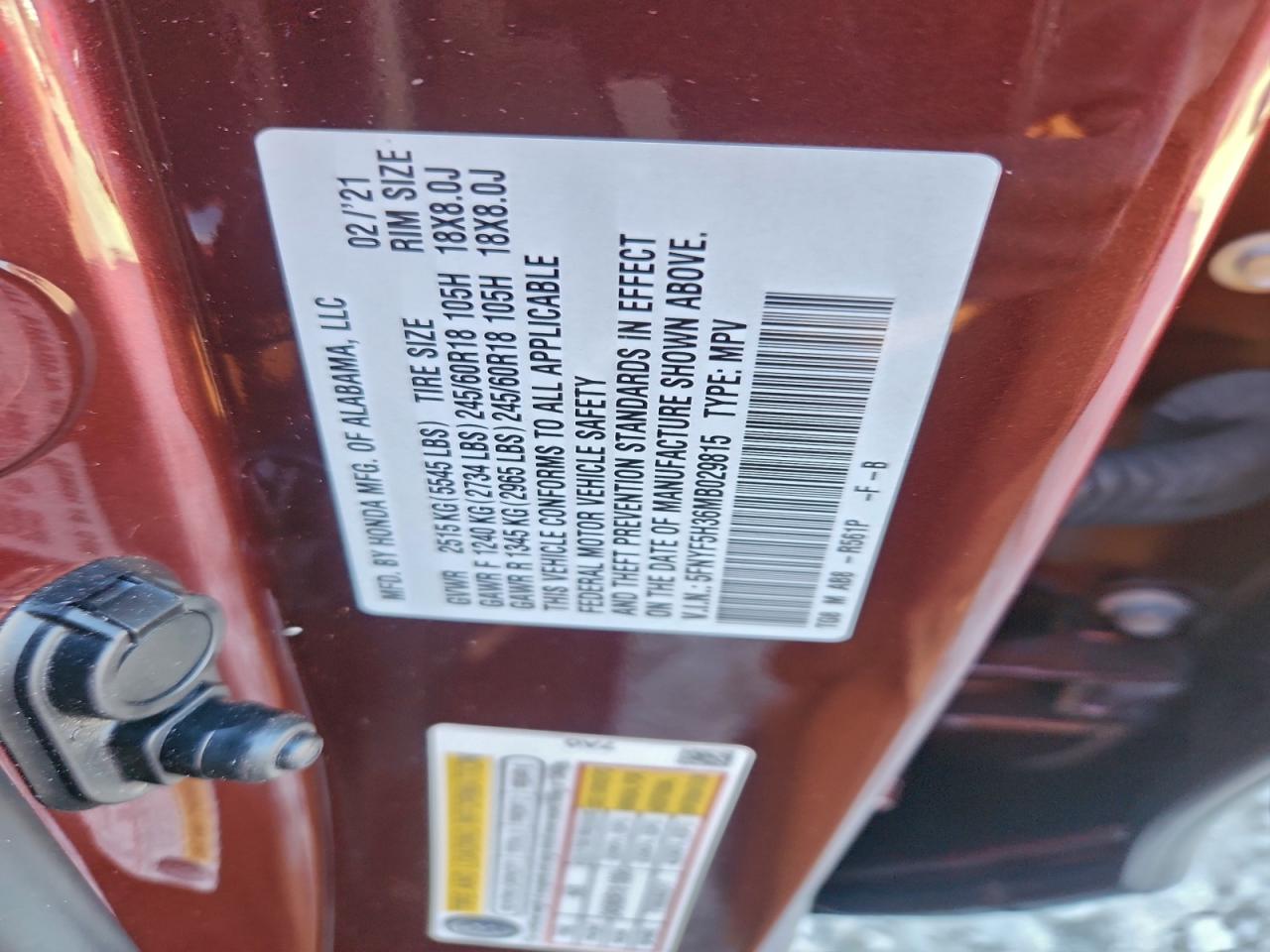 Lot #3316802455 2021 HONDA PILOT EX