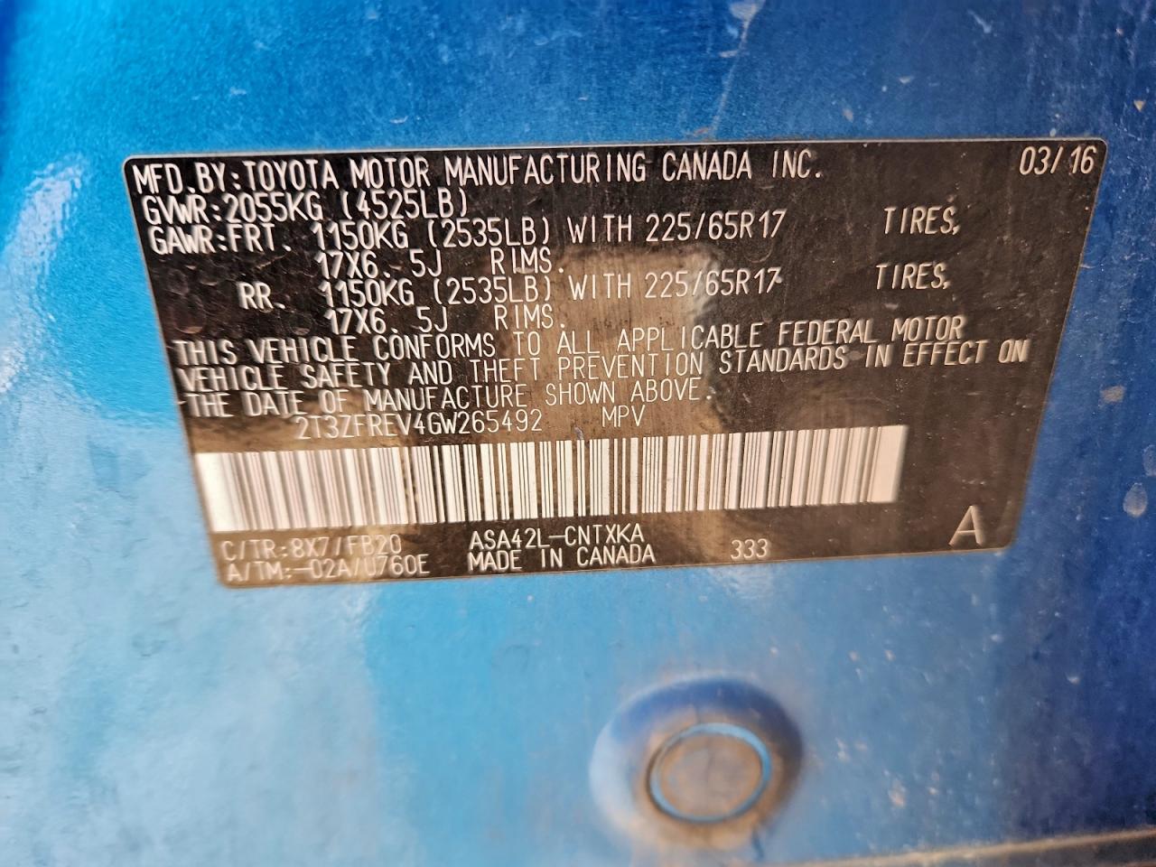 Lot #3304626943 2016 TOYOTA RAV4 LE