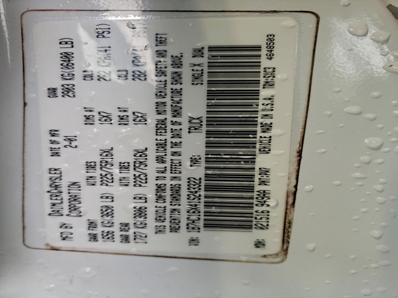 Lot #3311640245 2001 DODGE RAM 1500