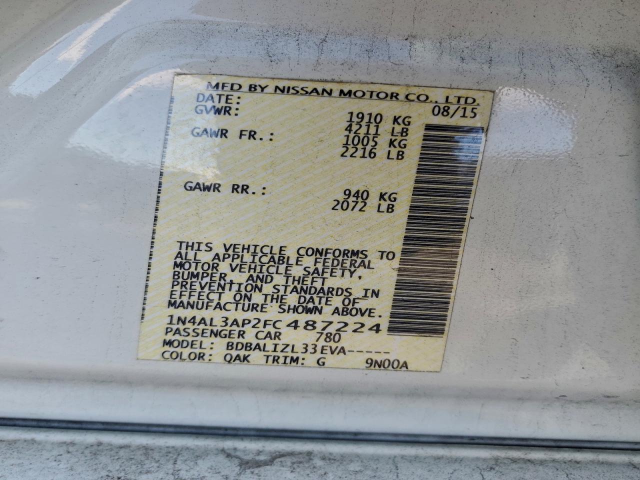 Lot #3311622279 2015 NISSAN ALTIMA 2.5