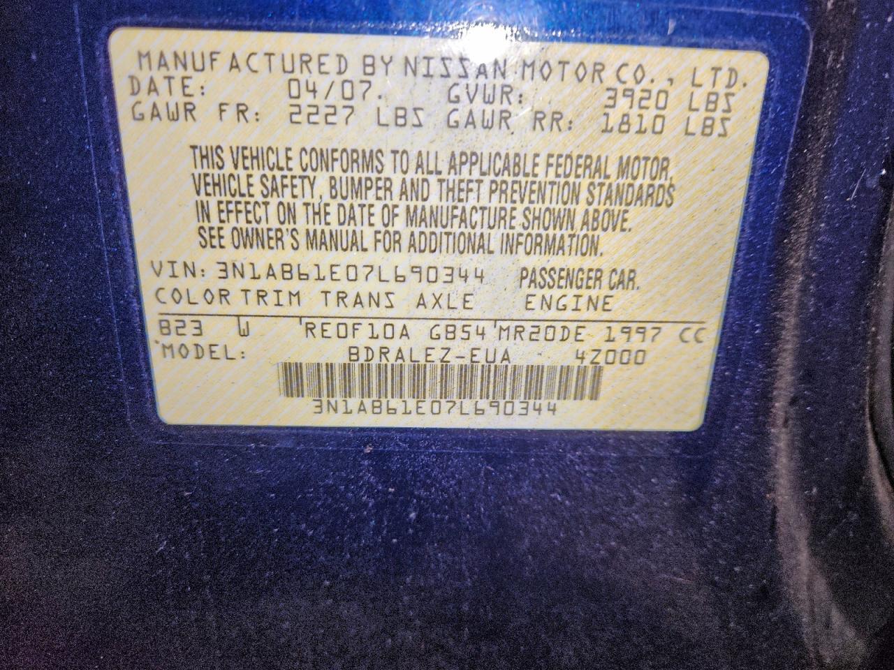 Lot #3311719248 2007 NISSAN SENTRA 2.0