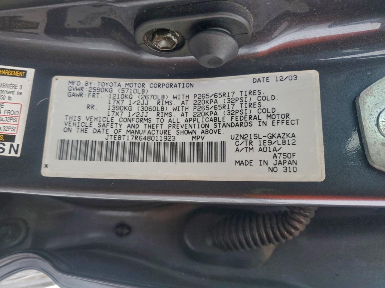 Lot #3303653931 2004 TOYOTA 4RUNNER LI