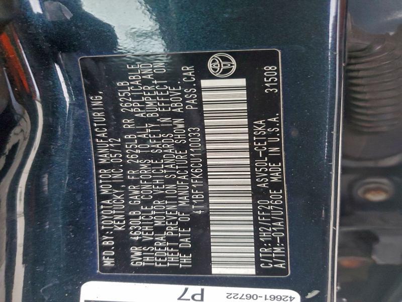 2012 TOYOTA CAMRY BASE #3311485234