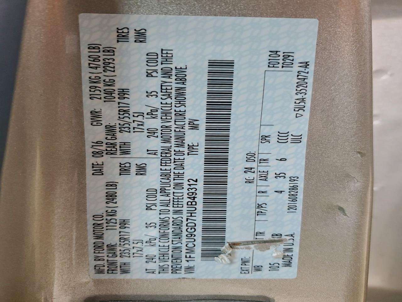 Lot #3312328771 2017 FORD ESCAPE SE