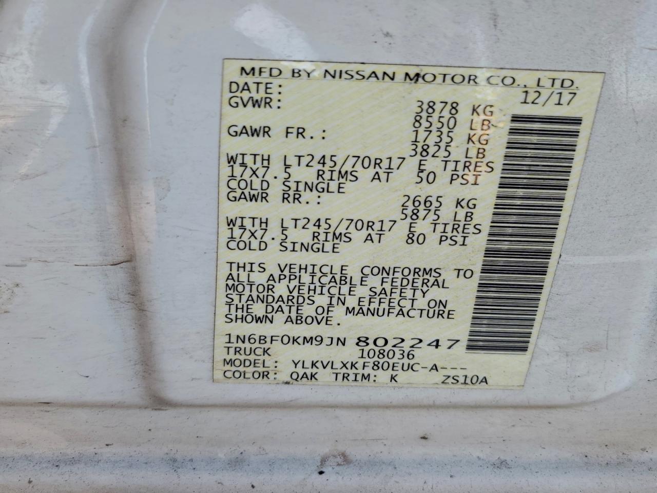 Lot #3317755098 2018 NISSAN NV 1500 S