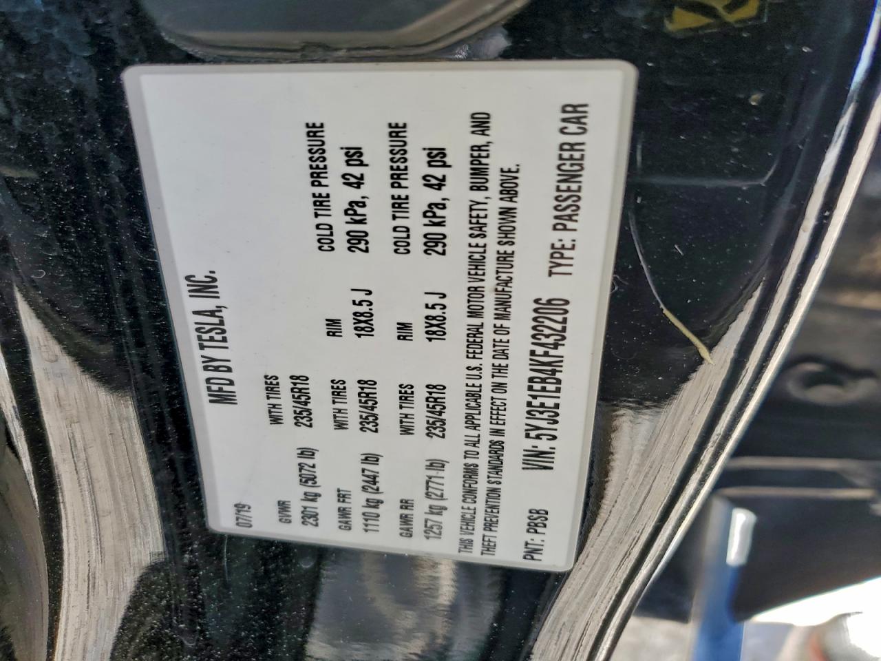 Lot #3311609232 2019 TESLA MODEL 3