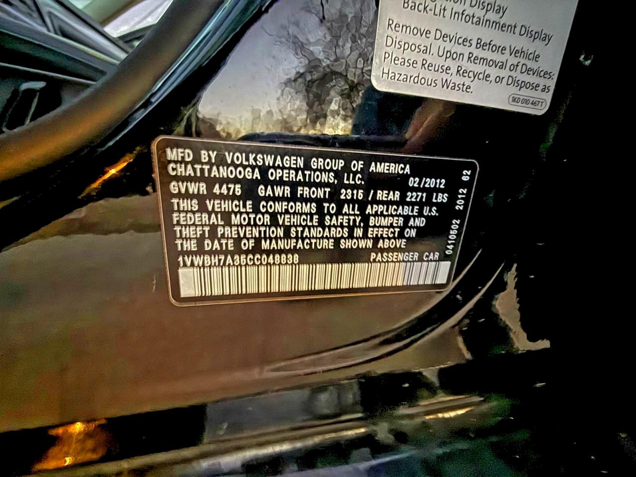 Lot #3311456243 2012 VOLKSWAGEN PASSAT SE