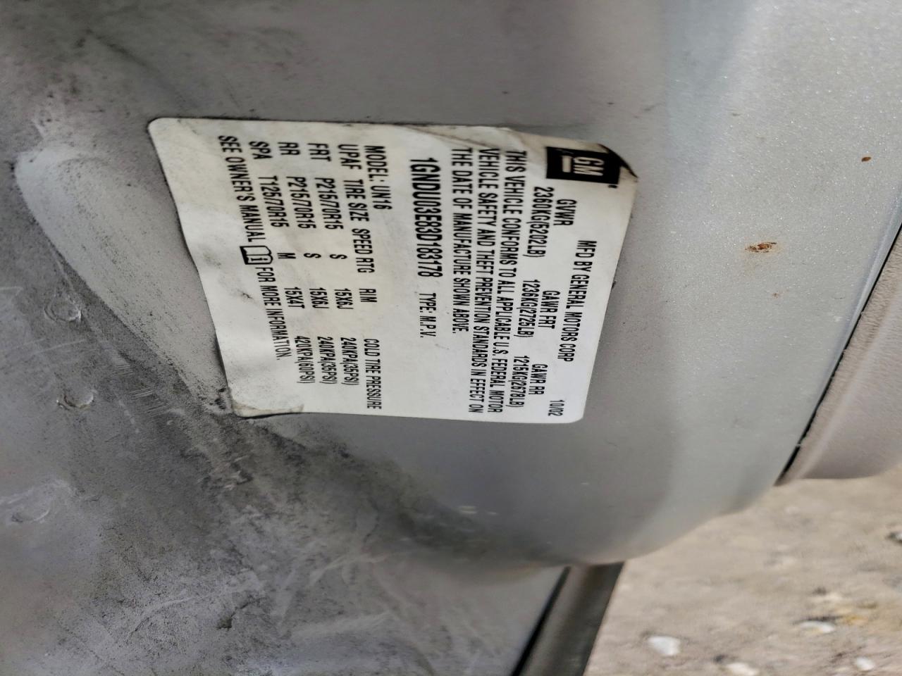 Lot #3304582449 2003 CHEVROLET VENTURE