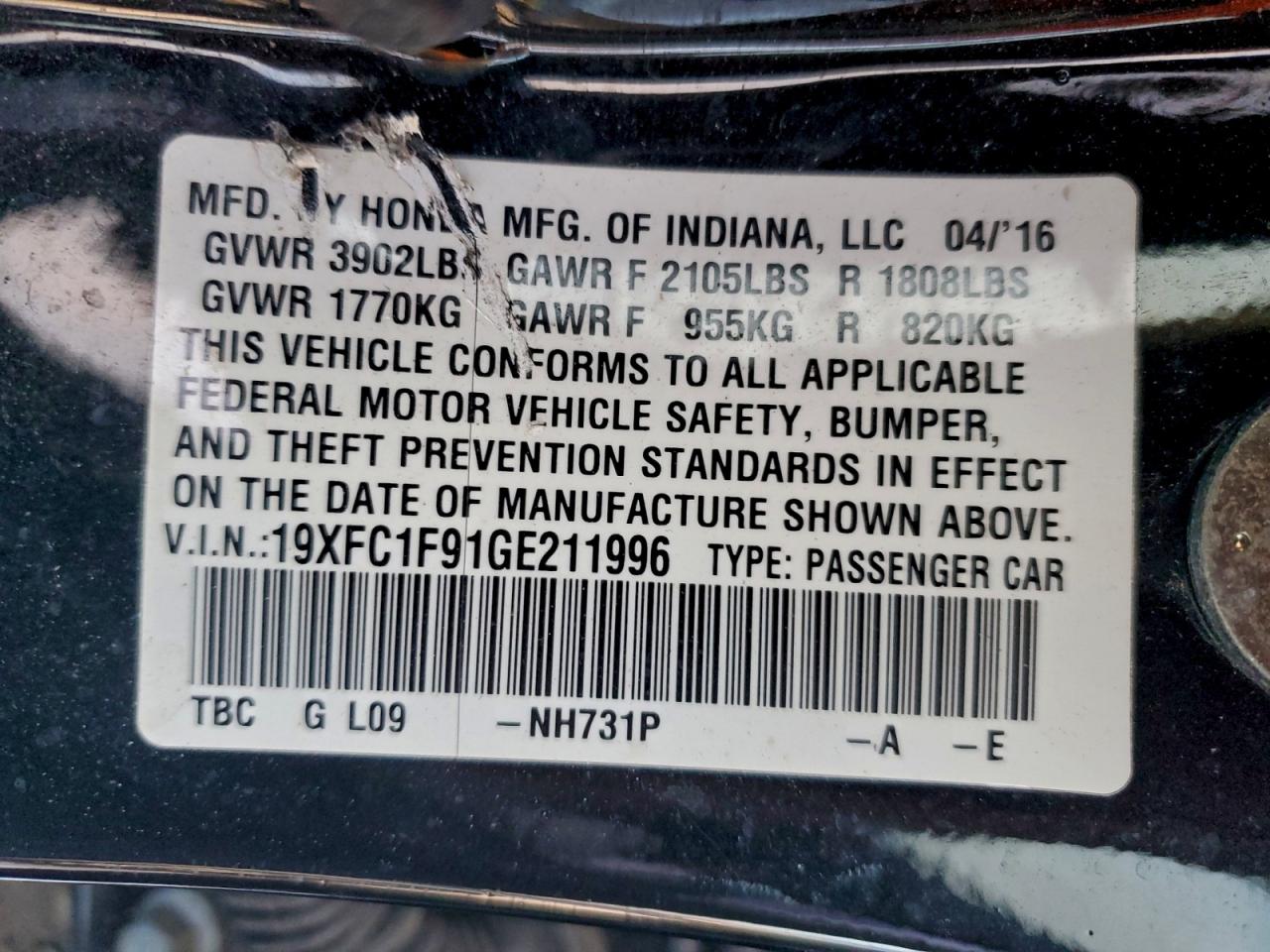 Lot #3309315001 2016 HONDA CIVIC TOUR