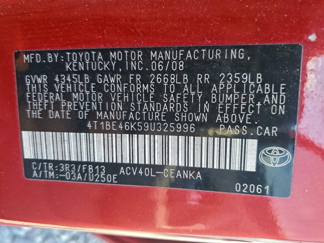 Lot #3312391122 2009 TOYOTA CAMRY BASE