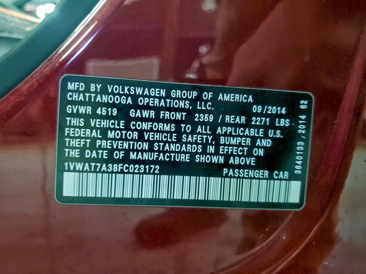 Lot #3315691720 2015 VOLKSWAGEN PASSAT S