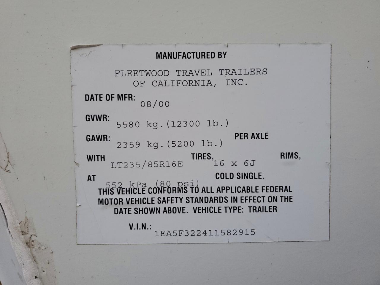 Lot #3303021611 2001 FLEETWOOD TERRY