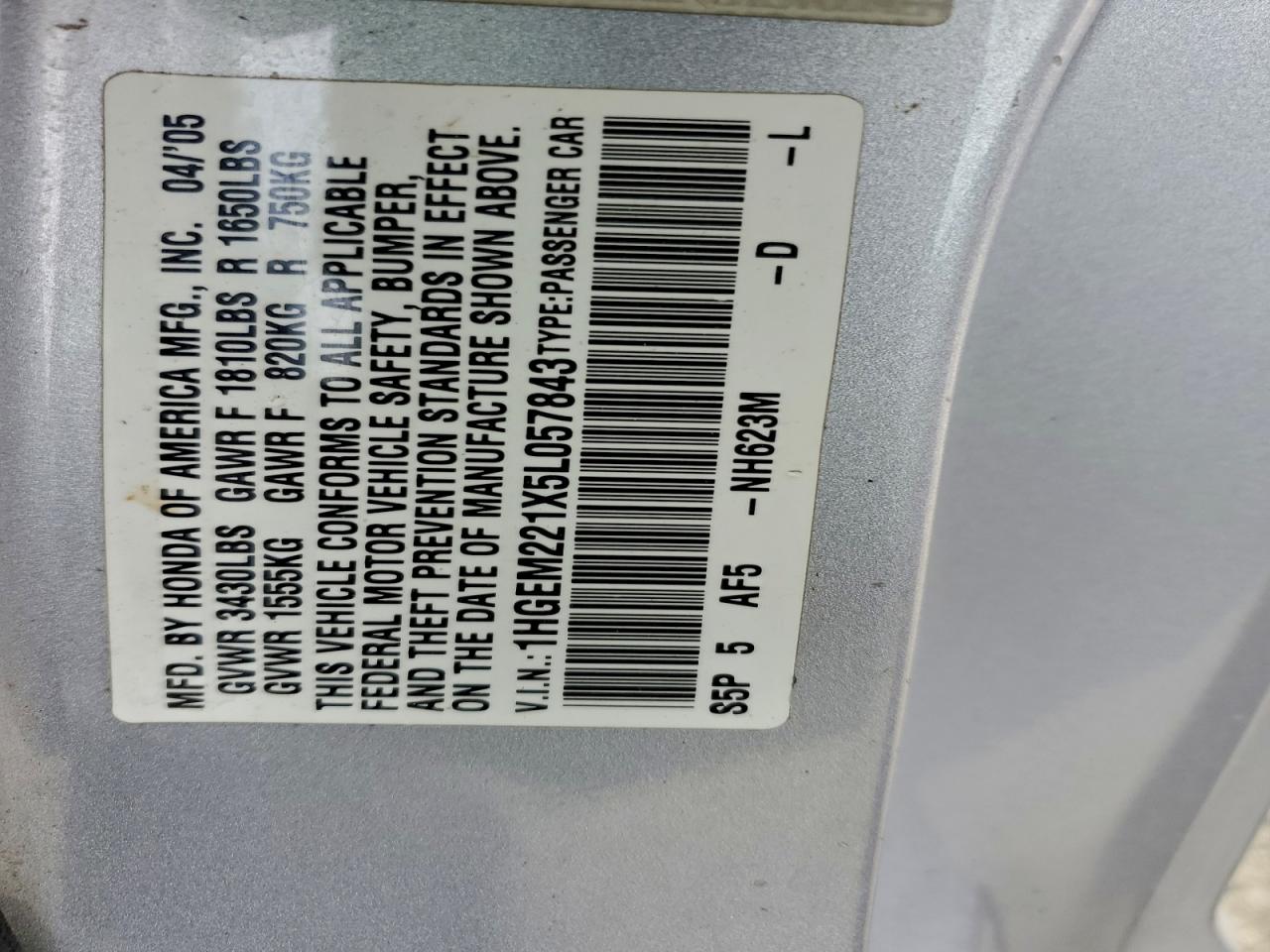 Lot #3304921544 2005 HONDA CIVIC DX V