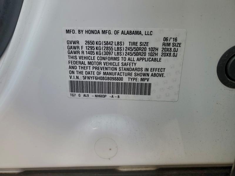 2016 HONDA PILOT ELIT #3316715507