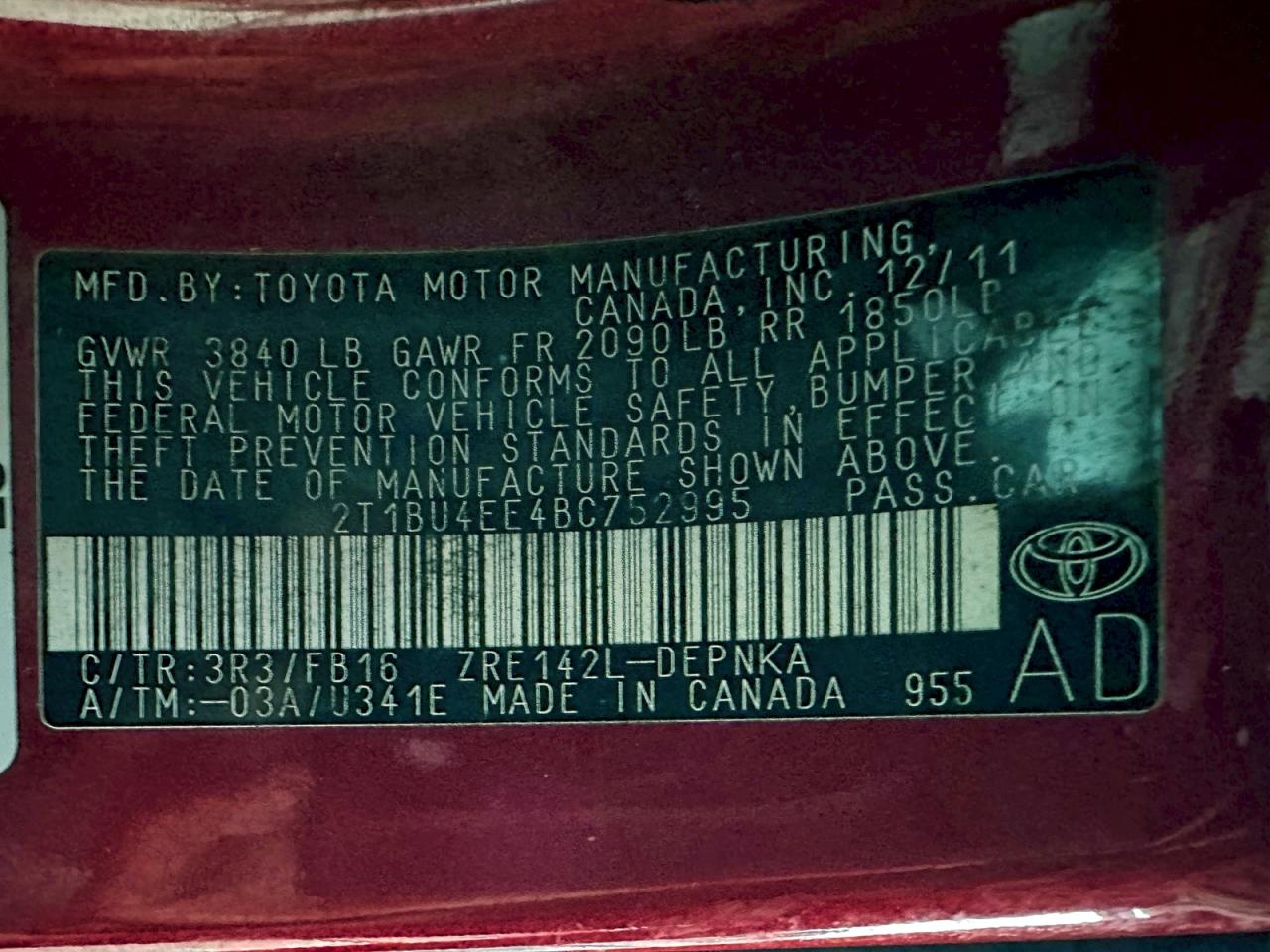 Lot #3308206172 2011 TOYOTA COROLLA BA