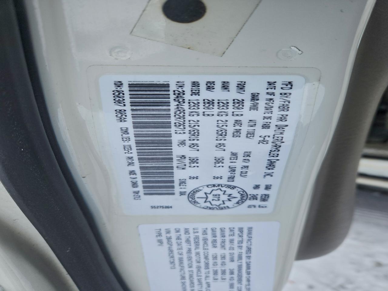 Lot #3301790343 2002 DODGE GRAND CARA