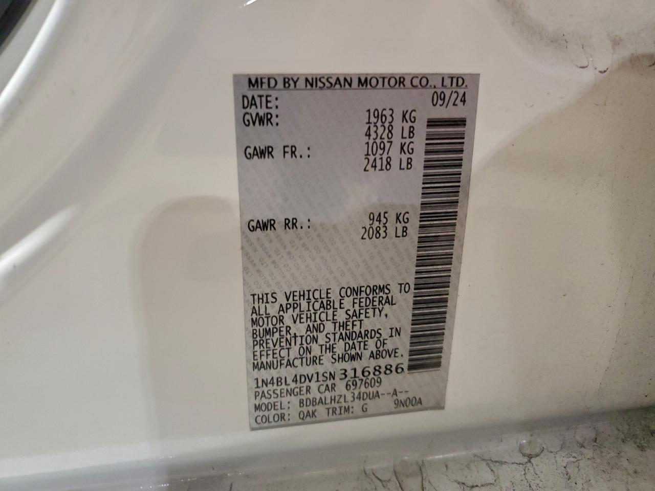 Lot #3317755082 2025 NISSAN ALTIMA SV