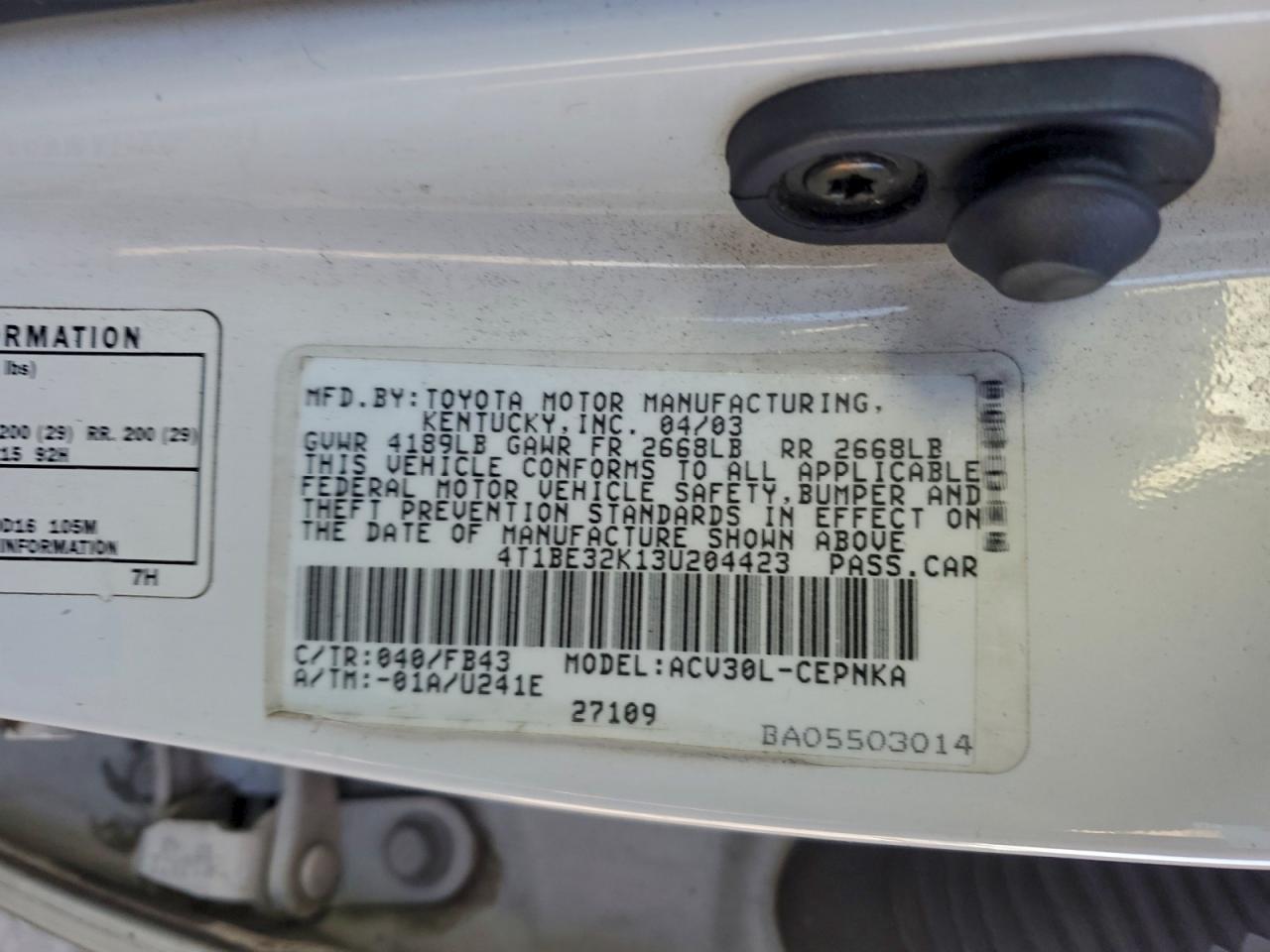 Lot #3311733217 2003 TOYOTA CAMRY