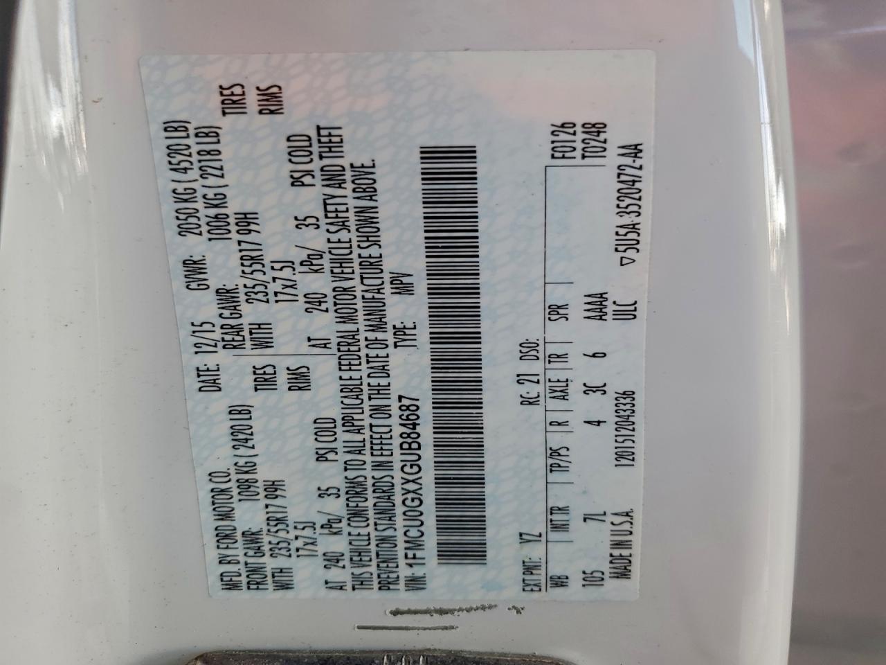 Lot #3316814450 2016 FORD ESCAPE SE