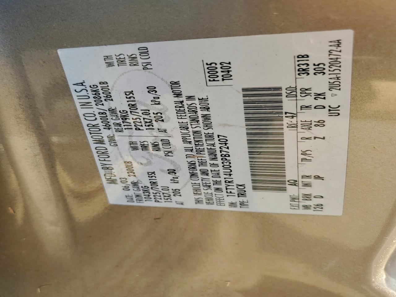 Lot #3315662780 2003 FORD RANGER SUP