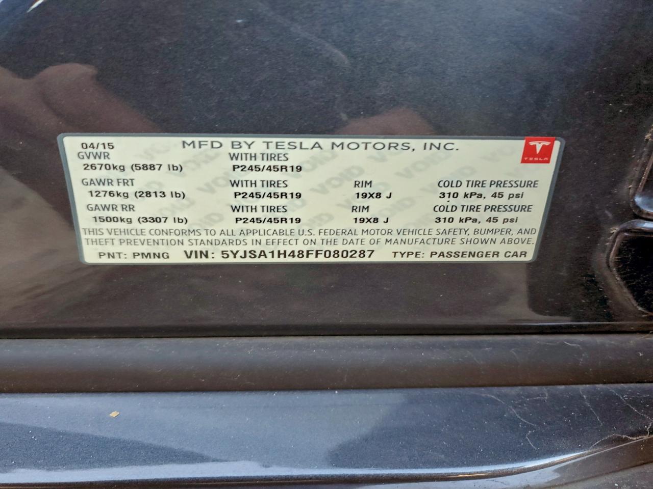 Lot #3319696889 2015 TESLA MODEL S P8