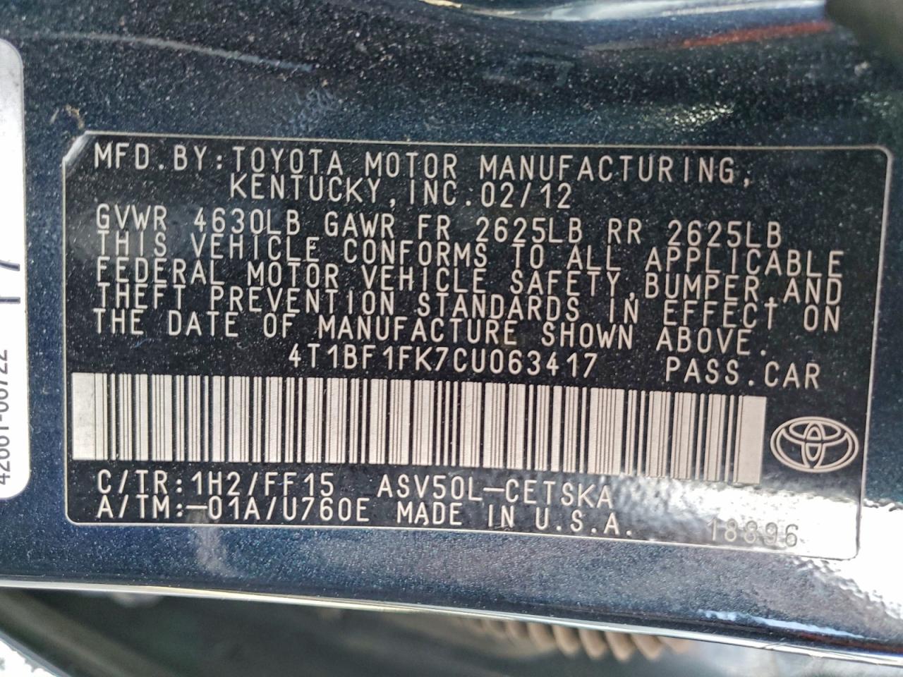 Lot #3304170459 2012 TOYOTA CAMRY BASE