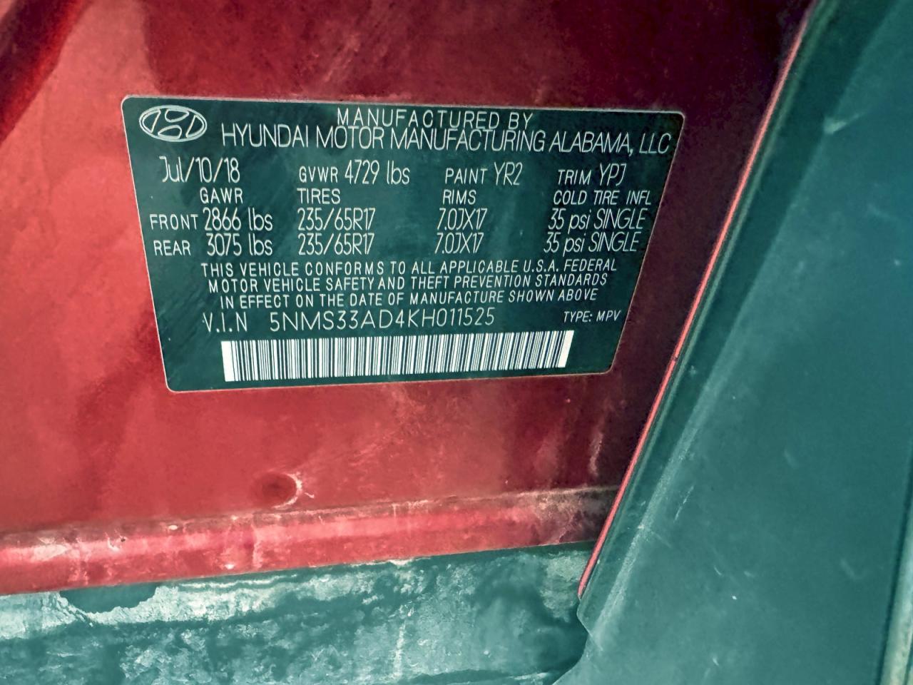 Lot #3316710405 2019 HYUNDAI SANTA FE S