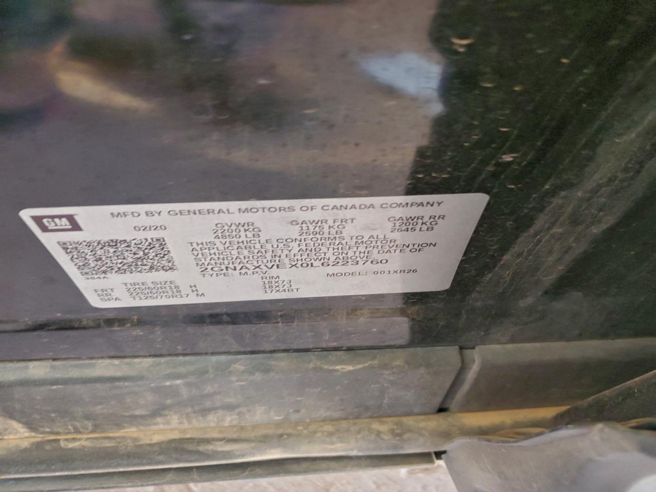 Lot #3309799352 2020 CHEVROLET EQUINOX LT