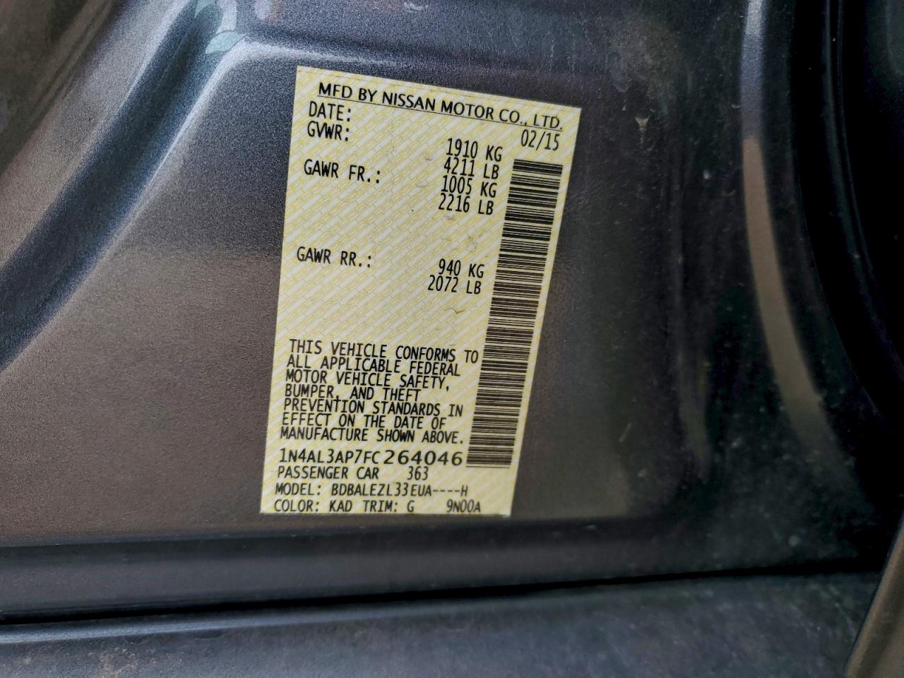 Lot #3305343304 2015 NISSAN ALTIMA 2.5