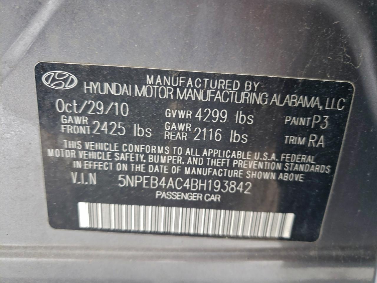 Lot #3316780413 2011 HYUNDAI SONATA GLS