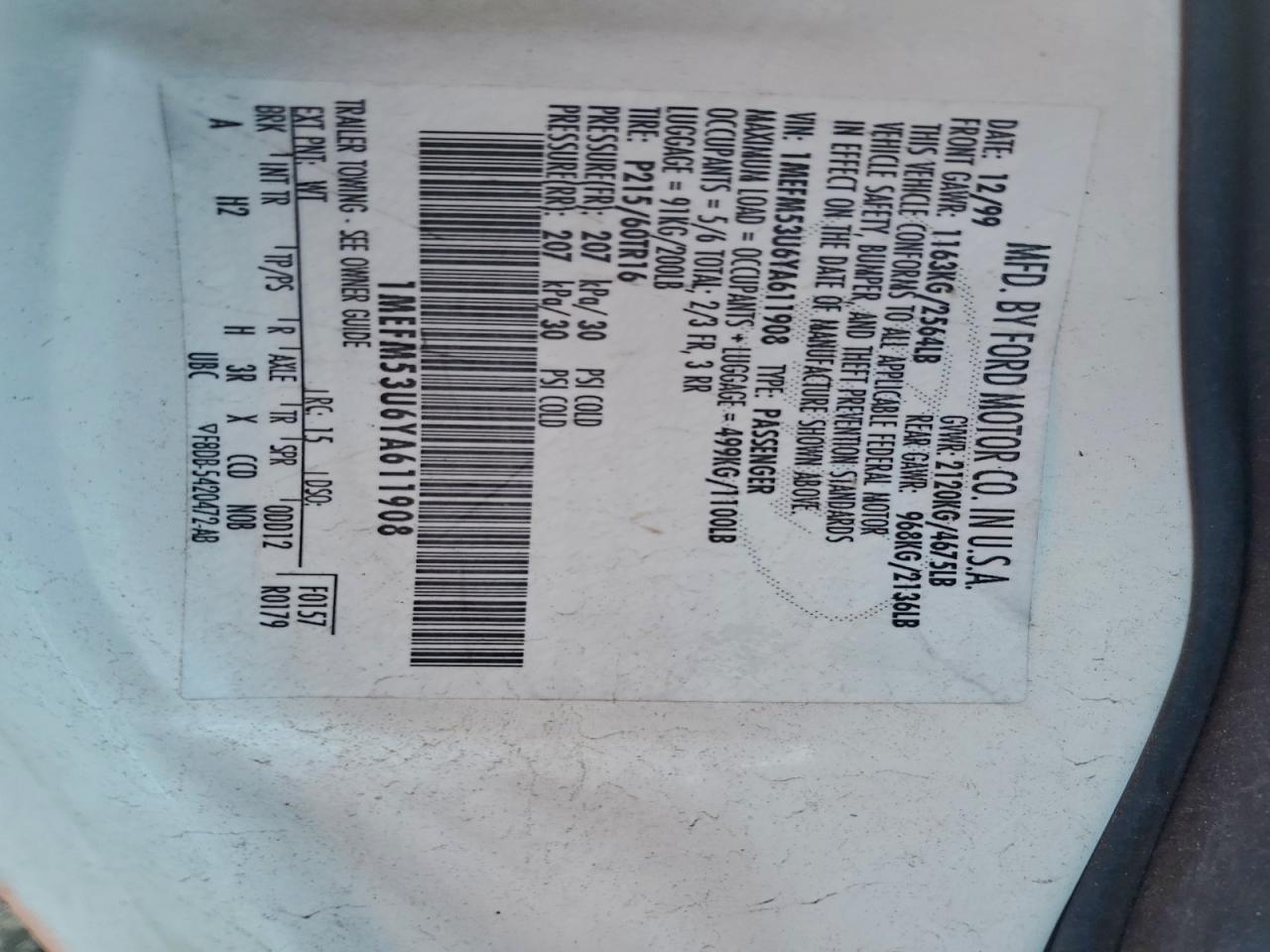 Lot #3316639504 2000 MERCURY SABLE LS