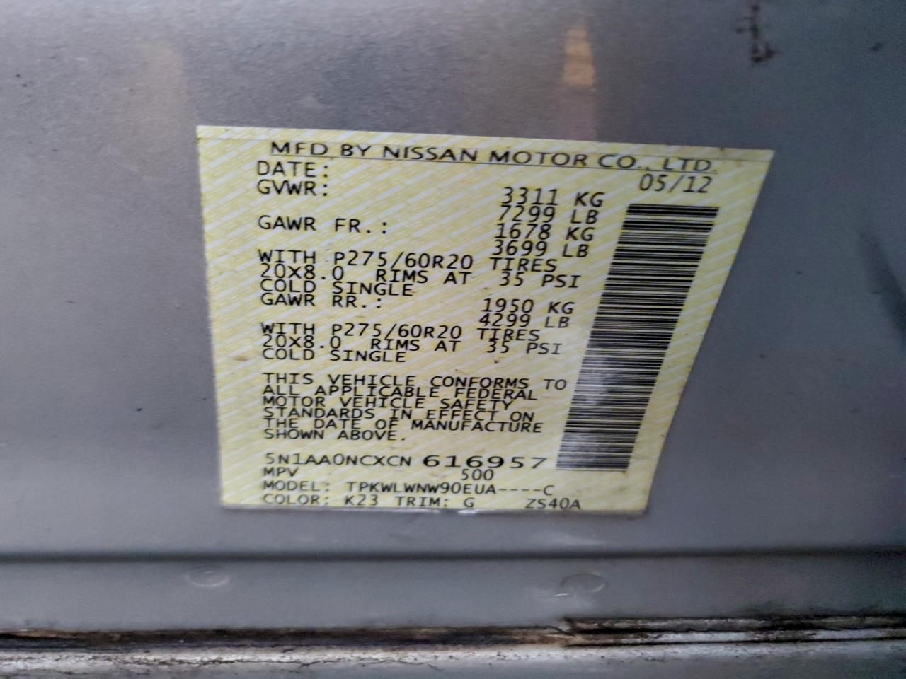 Lot #3319237717 2012 NISSAN ARMADA SV