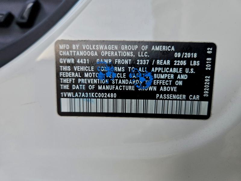 2019 VOLKSWAGEN PASSAT WOL #3319446664