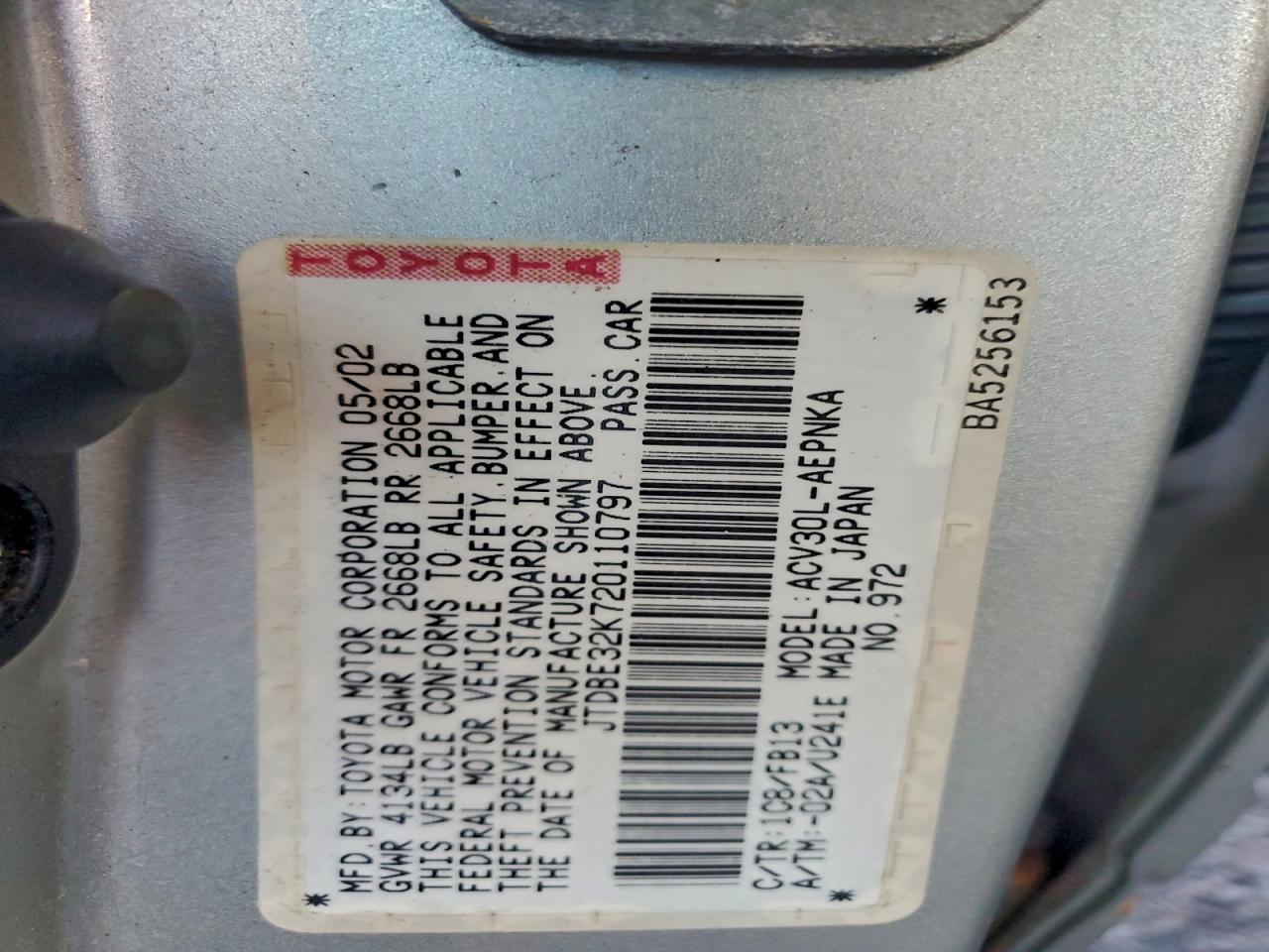 Lot #3312396126 2002 TOYOTA CAMRY LE