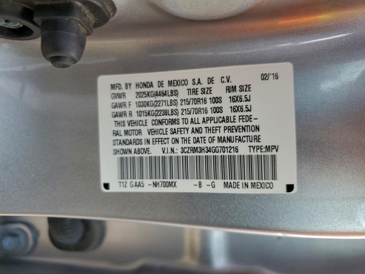 Lot #3305726786 2016 HONDA CR-V LX