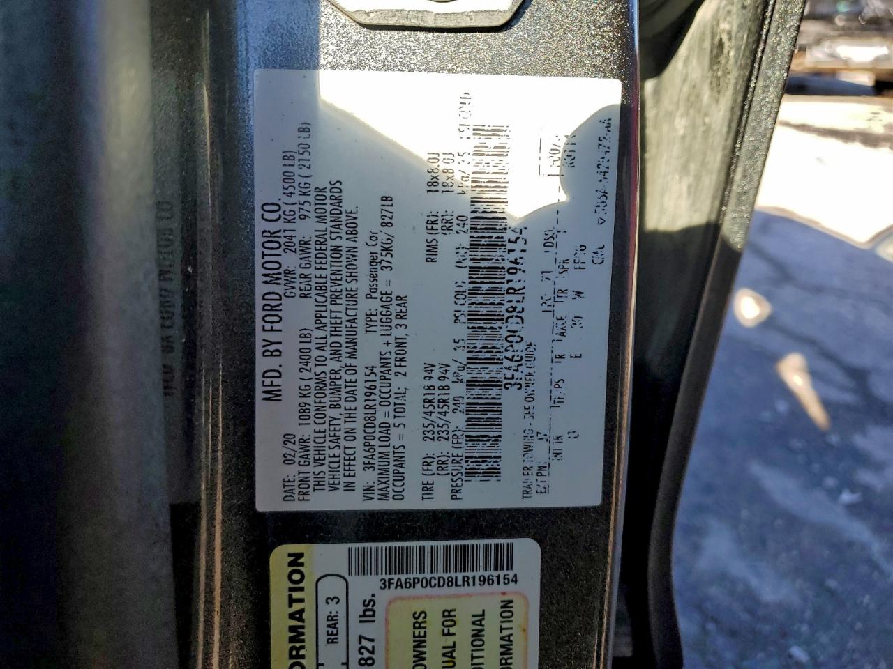 Lot #3316893066 2020 FORD FUSION SEL