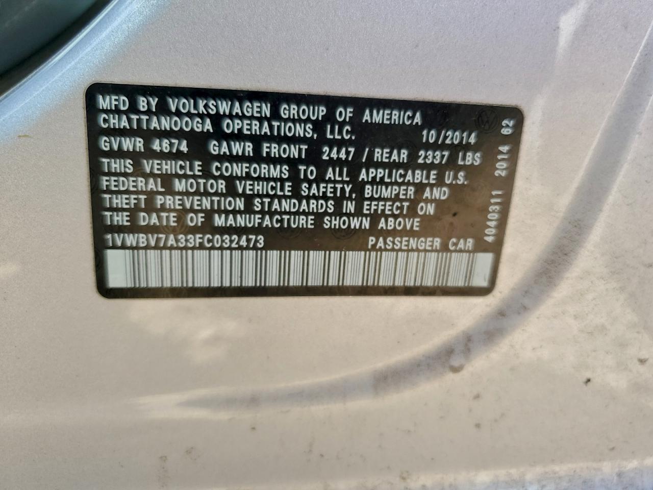 Lot #3318079385 2015 VOLKSWAGEN PASSAT SE
