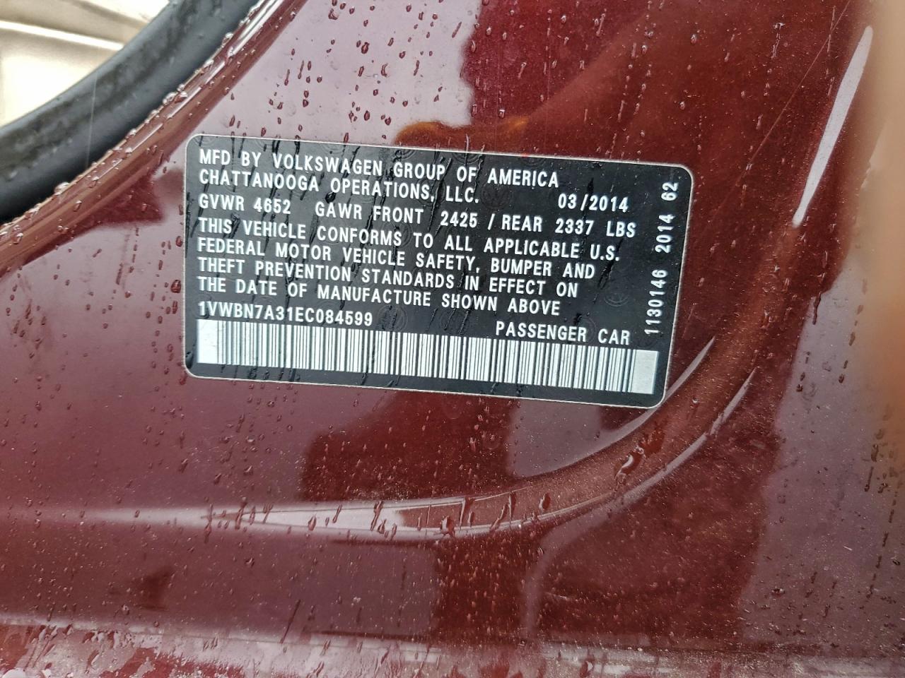 Lot #3302735064 2014 VOLKSWAGEN PASSAT