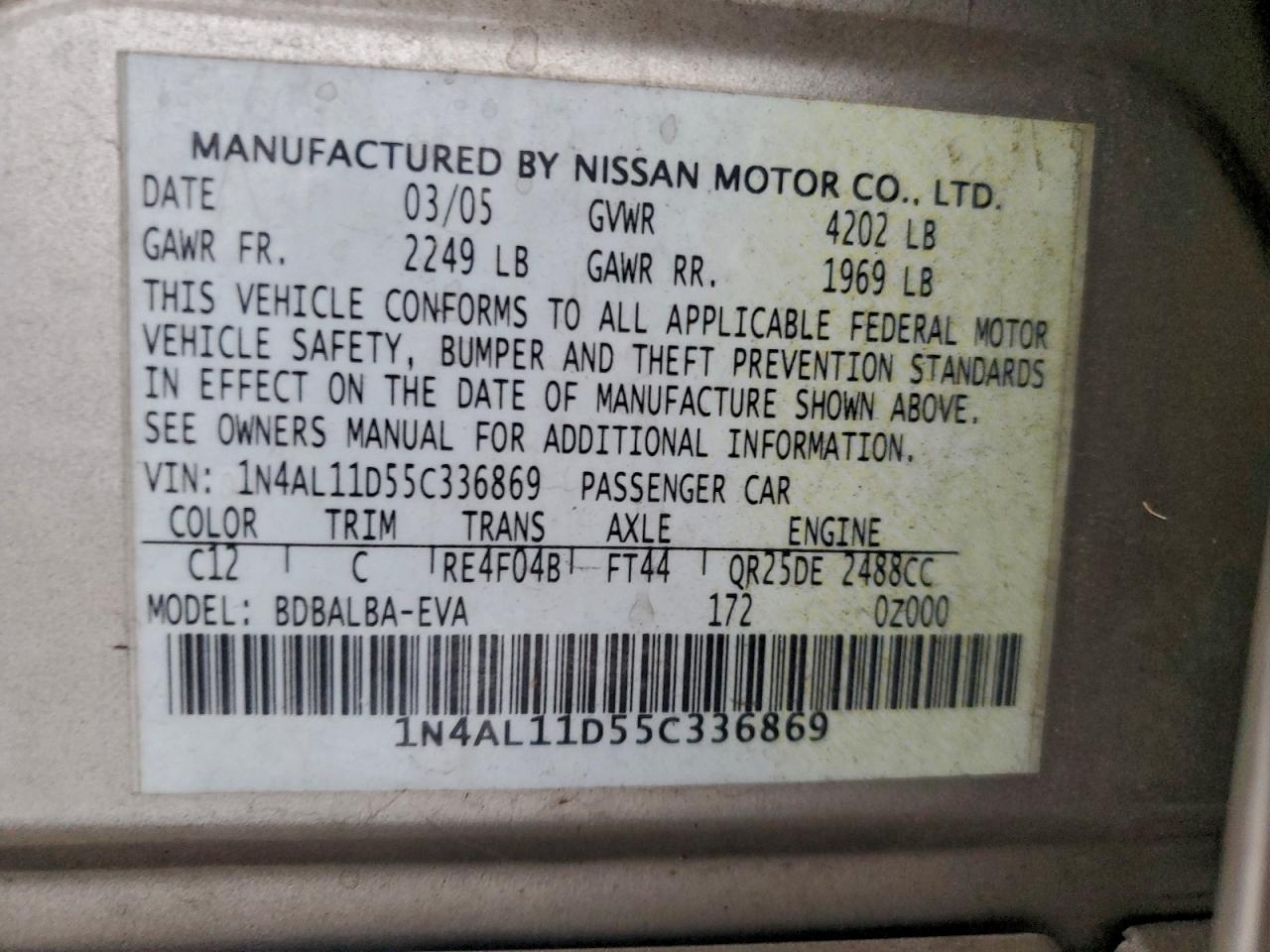 Lot #3311743739 2005 NISSAN ALTIMA S