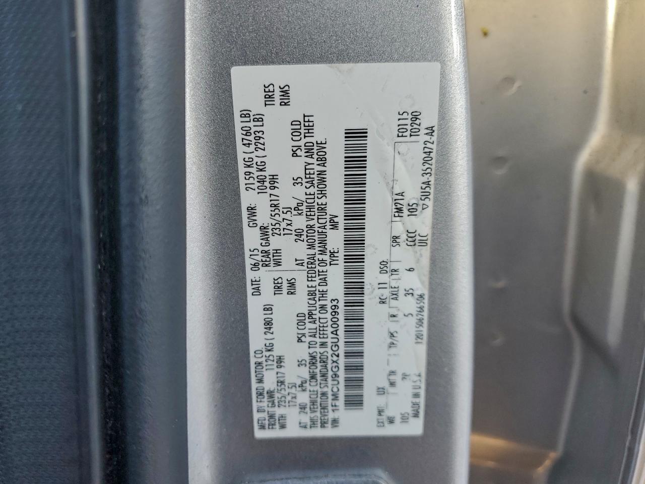 Lot #3317704110 2016 FORD ESCAPE SE