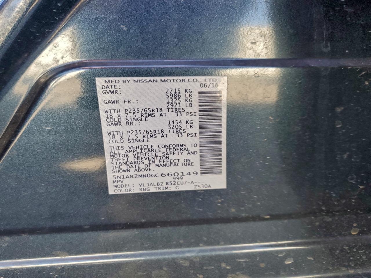 Lot #3318017500 2016 NISSAN PATHFINDER