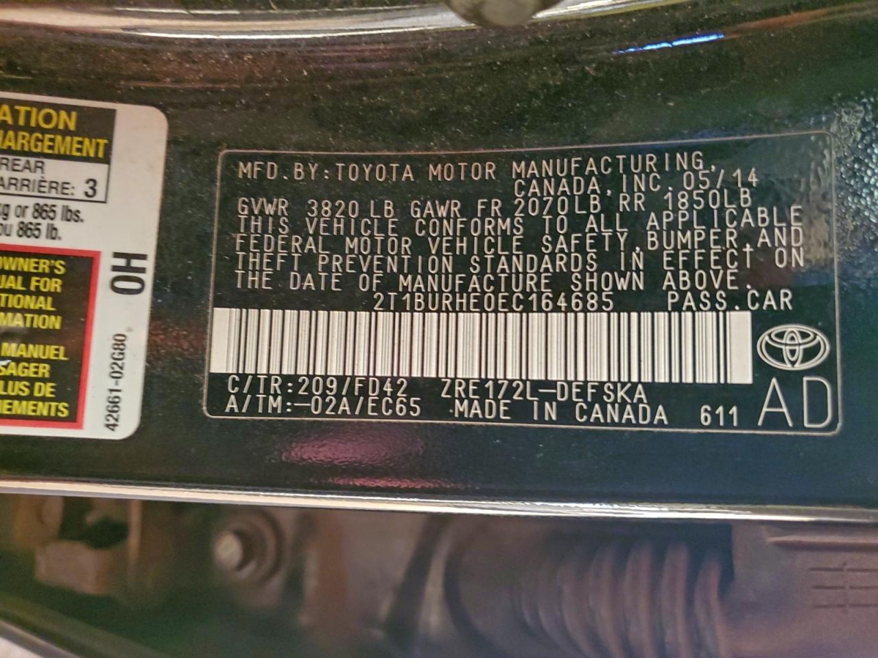 Lot #3311799204 2014 TOYOTA COROLLA L