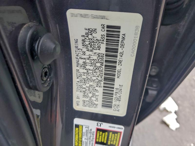 2012 TOYOTA COROLLA BA #3308408339